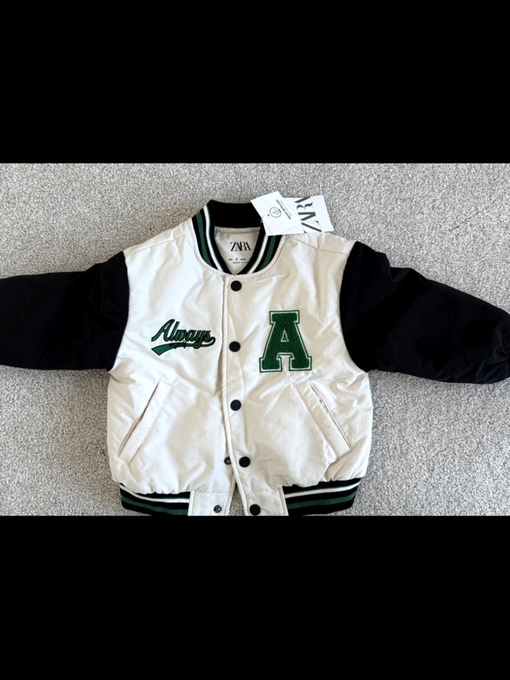 ZARA White & Black Varsity Jacket with Green Accents